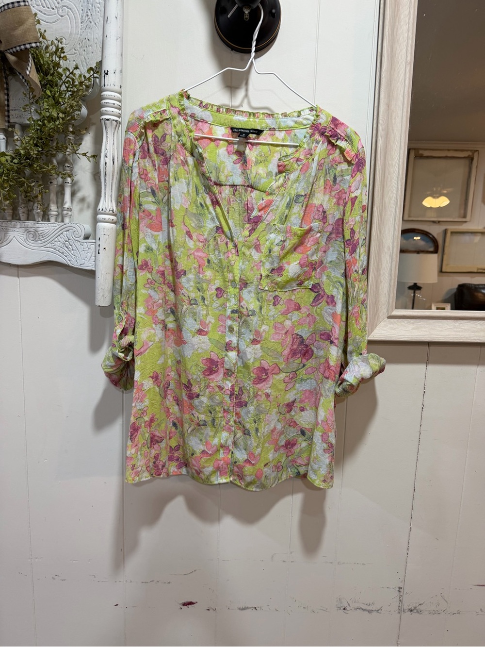 Zac & Rachel Pink Floral Blouse on Lime Green